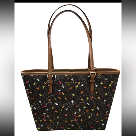 Michael Kors Jet Set Medium Carryall Airplane Print Tote Bag - Brown NWT - Picture 2 of 5